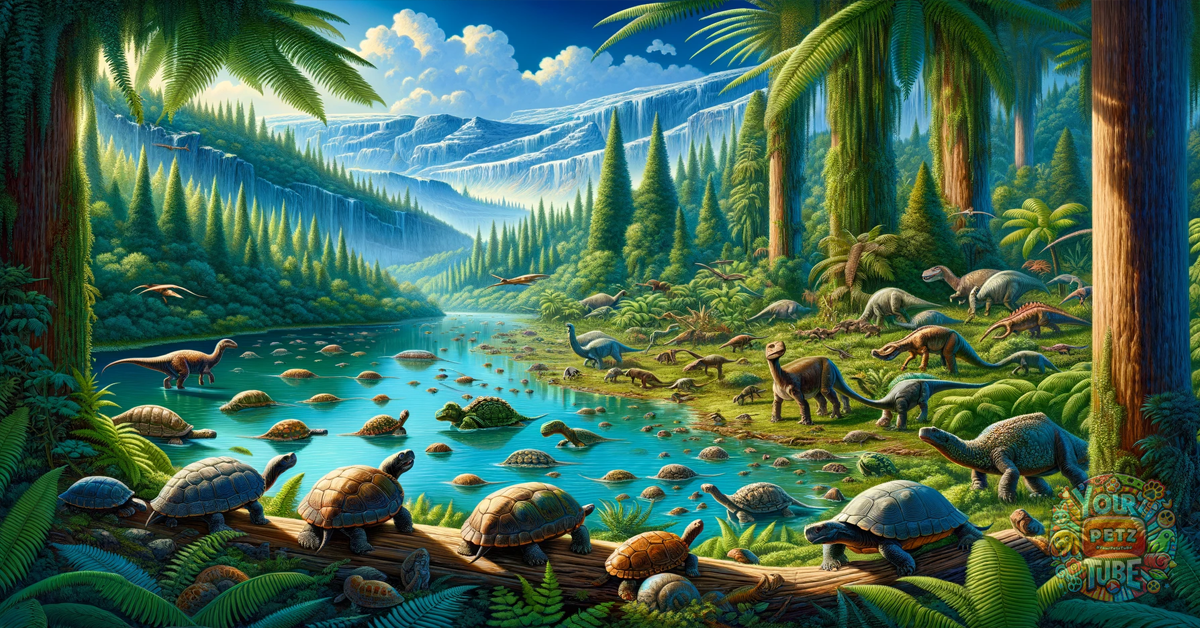 Illustration showcasing ancient turtles coexisting with dinosaurs in a lush, prehistoric landscape.